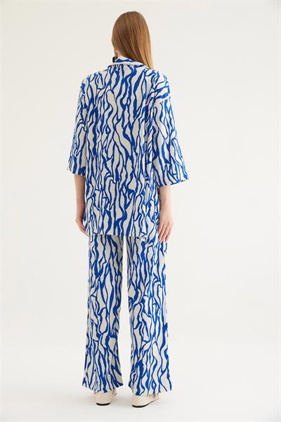 Kimono Pantolon Krinkıl Kadın İkili Takım Mavi