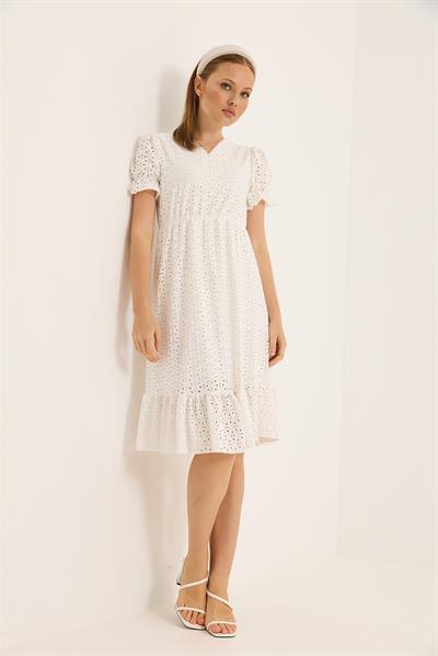 V Yaka Karpuz Kollu Full Güpürlü İçi Astarlı Elbise Ekru