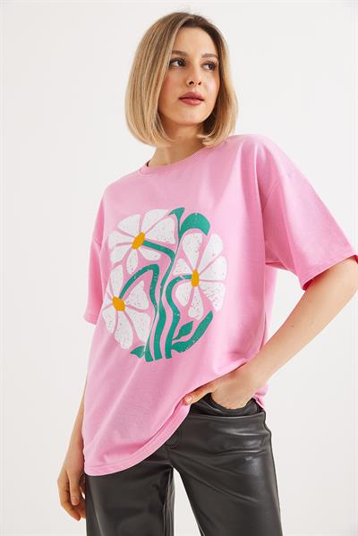 Baskılı Bisiklet Yaka Tshirt Pembe