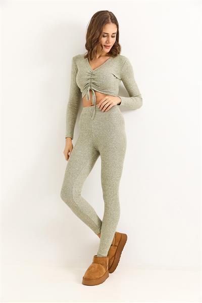 Kadın Fitilli Crop Bluz Pantalon Açık Yeşil Takım