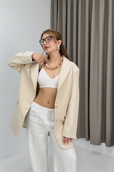 Kadın Oversize Kumaş Blazer Ceket Krem