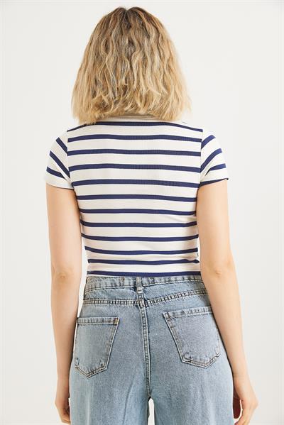 Polo Yaka Çizgili Crop Bluz Lacivert