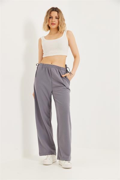 Yanları İp Detaylı Bol Paça Pantolon Gri