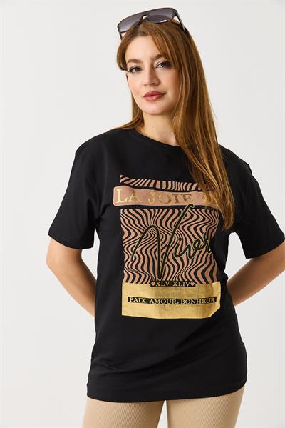 Kadın Parlak Yazılı Baskılı Tshirt Siyah