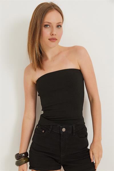Esnek  Straplez Bluz Siyah