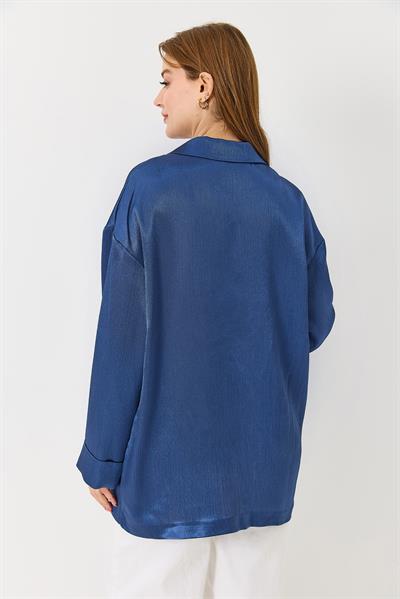 Kadın  Kruvaze Yaka Saten Oversize Blazer Ceket Saks