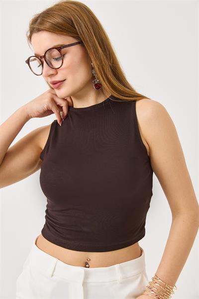 Full Transparan Kaşmir Askılı Crop Bluz Kahverengi