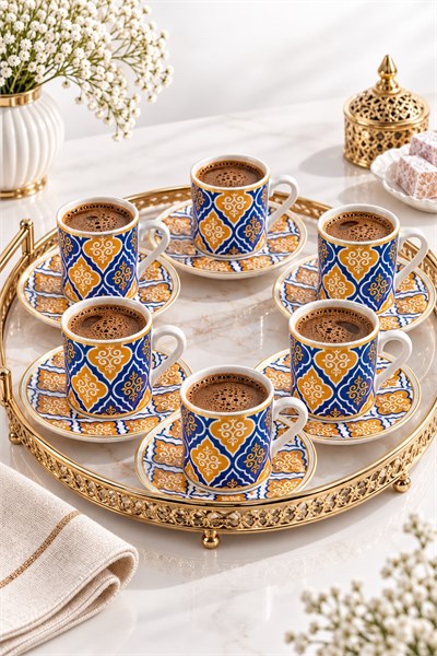 12 Parça 6lı Çini/Kano Motifli Fincan Takımı Lacivert