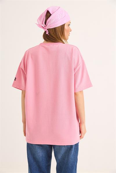 Bisiklet Yaka Baskılı Oversize Tshirt Pembe