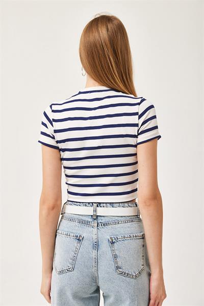 Çizgili Bisiklet Yaka Crop Bluz Lacivert