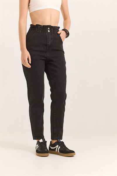 Yüksel Bel Beli Lastikli İki Düğmeli Kot Pantalon Siyah