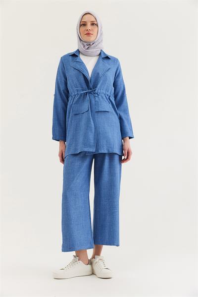Bel Bağlamalı Ceketli Keten Takım Mavi