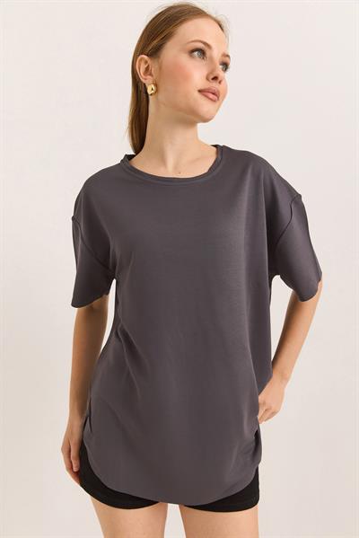 Oysh Yumuşak Dokulu Eteği Oval Modal Tshirt Füme