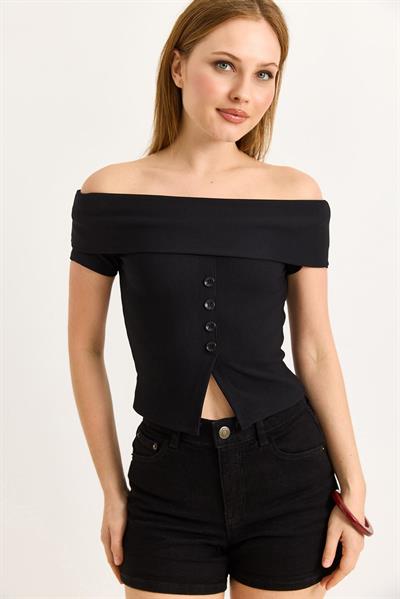 Kayık Yaka Düğme Detaylı Fitilli Örme Bluz Siyah 