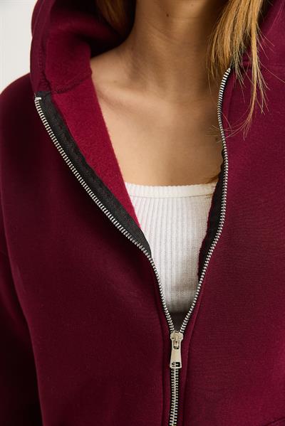 Kadın Oversize Kapüşonlu Fermuarlı Hırka Bordo