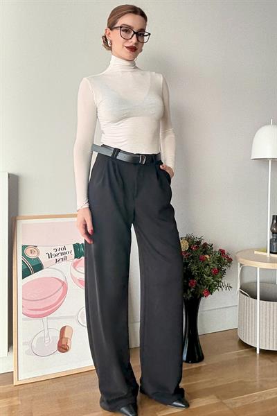 Likralı Krep Örme Kumaş Kemerli Salaş Pantolon