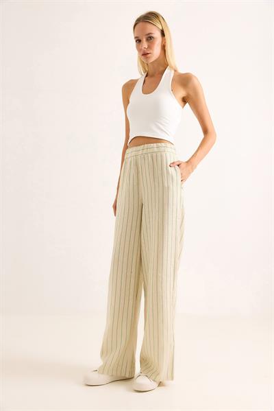 Çizgi Desenli Bol Paçalı Keten Pantolon YEşil