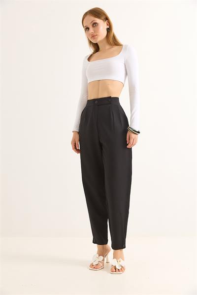 Havuç Model Çift Düğmeli Palazzo Pantolon Siyah