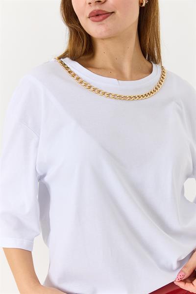 Kadın Yakası Gold Zincirli Bisiklet Yaka Tshirt Beyaz
