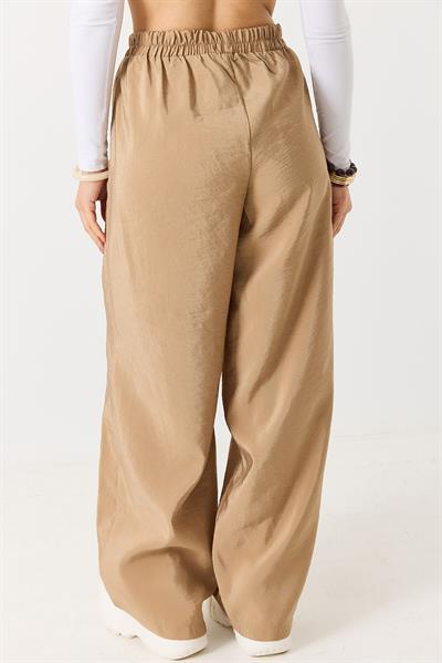 Kadın Bol Kesim Tensel Kumaş Beli Lastikli Sütlü Kahve