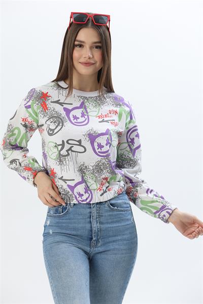 Bisiklet Yaka Desenli Sweatshirt Beyaz