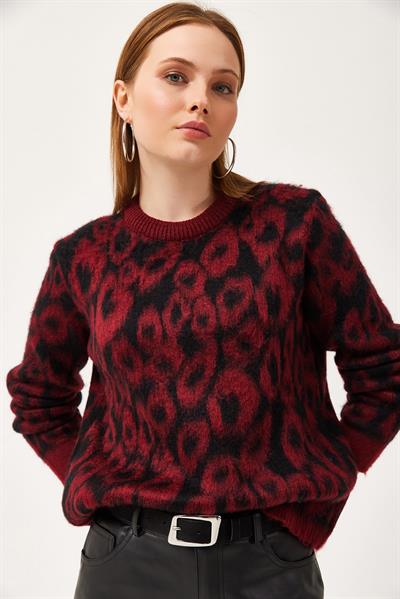 Bisiklet Yaka Leopar Desenli Kazak Bordo