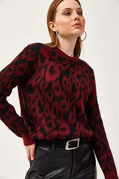 Bisiklet Yaka Leopar Desenli Kazak Bordo