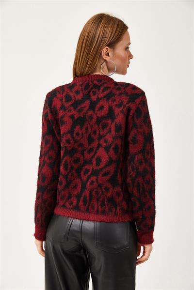 Bisiklet Yaka Leopar Desenli Kazak Bordo