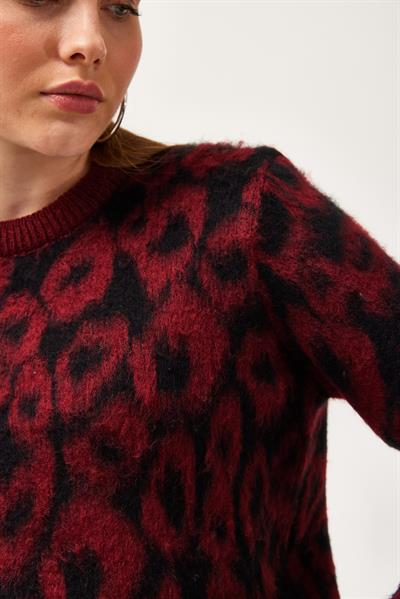 Bisiklet Yaka Leopar Desenli Kazak Bordo