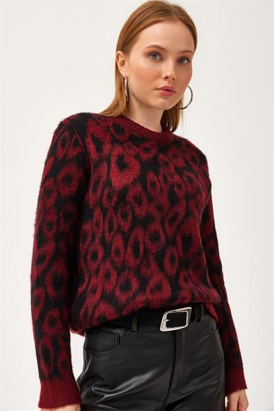 Bisiklet Yaka Leopar Desenli Kazak Bordo