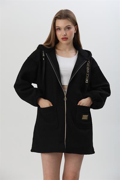 Buklet Cepli Kapüşonlu Peluş Kaban Siyah