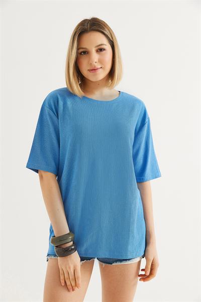Bisiklet Yaka  Kısa Kol Basic Tshirt Mavi