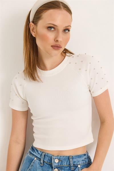 Regular Taş Detaylı Ottoman Crop Bluz Beyaz