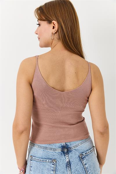 Kadın Triko Basic  Pudra  V yaka Askılı Bluz