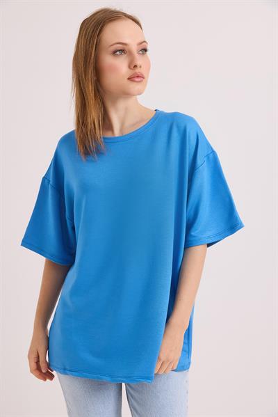 Oversize Yumuşak Dokulu Salaş T-Shirt Mavi