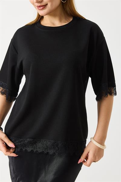Kadın Kolları Ve Eteği Dantel Detaylı  Düz Modal Tshirt Siyah