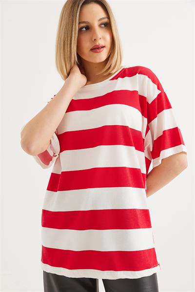 Bisiklet Yaka  Çizgili Basic Tshirt Kırmızı