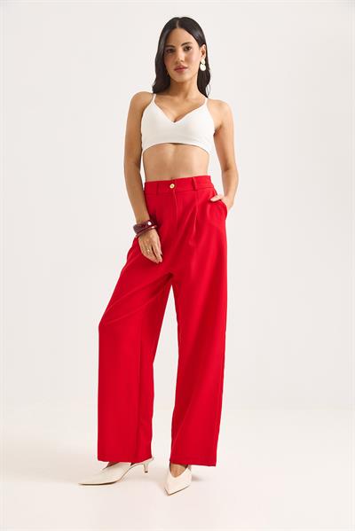 Yüksek Bel Bol Paça Pantalon Kırmızı