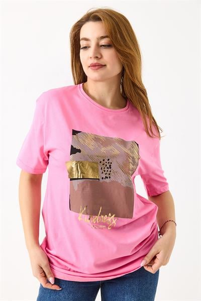 Kadın Parlak Baskılı Bisiklet Yaka Tshirt Pembe