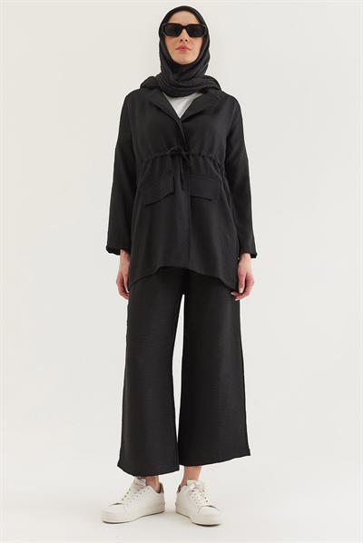 Bel Bağlamalı Ceketli Keten Takım Siyah