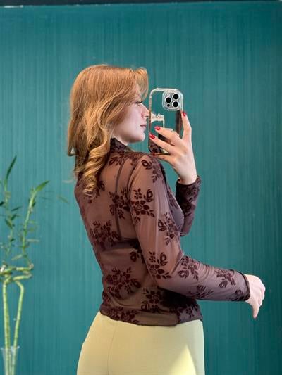 Kadın Kahverengi Transparan Çiçek Detaylı Uzun Kollu Bluz