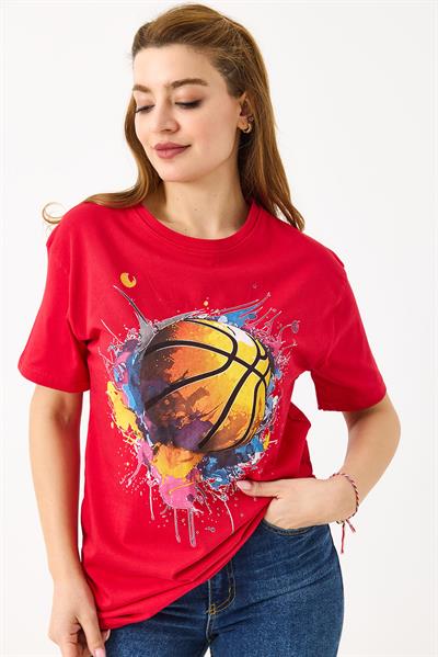 Kadın Basketbol Grafik Baskılı Günlük Tshirt  Kırmızı