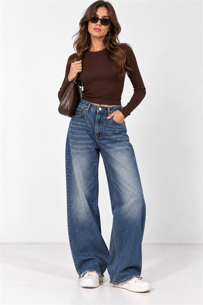 Yüksek Bel Kadın Eskitme Yıkamalı Wide Leg Jean Mavi