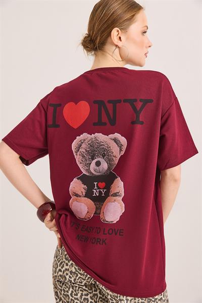Ön Ve Arka Baskılı İki İp Oversize Örme Tshirt Bordo