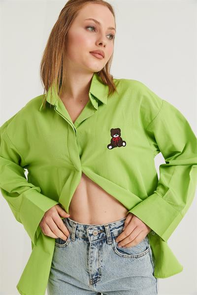 Ayıcık Nakışlı Oversize Basic Gömlek Açık Yeşil