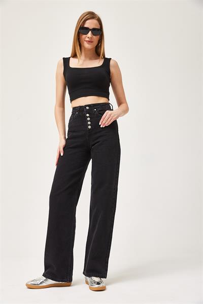 Yüksek Bel Düğmeli Wide Leg Jean Siyah