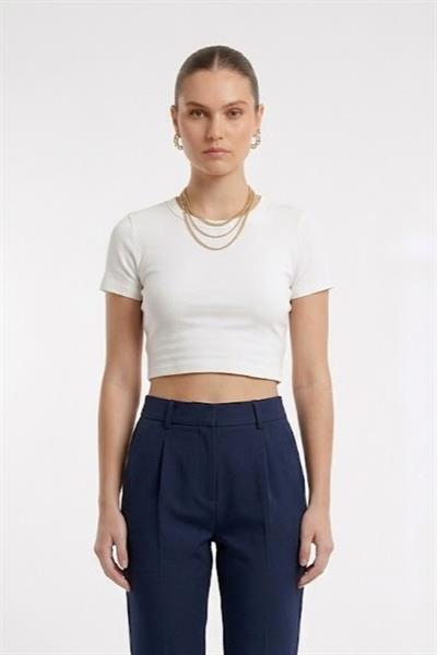 Kadın Bisiklet Yaka Düz Crop Bluz Ekru