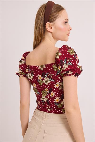 Desenli Prenses Kol Önden Büzgülü Bluz Bordo
