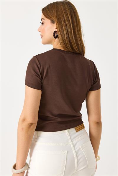 Kadın Kısa Kollu Yıldız Taşlı Crop Bluz Kahverengi