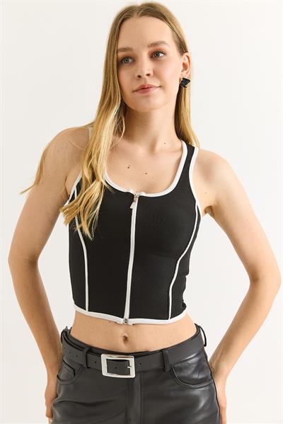 Kalın Askılı Fermuar Detaylı Crop Bluz Siyah